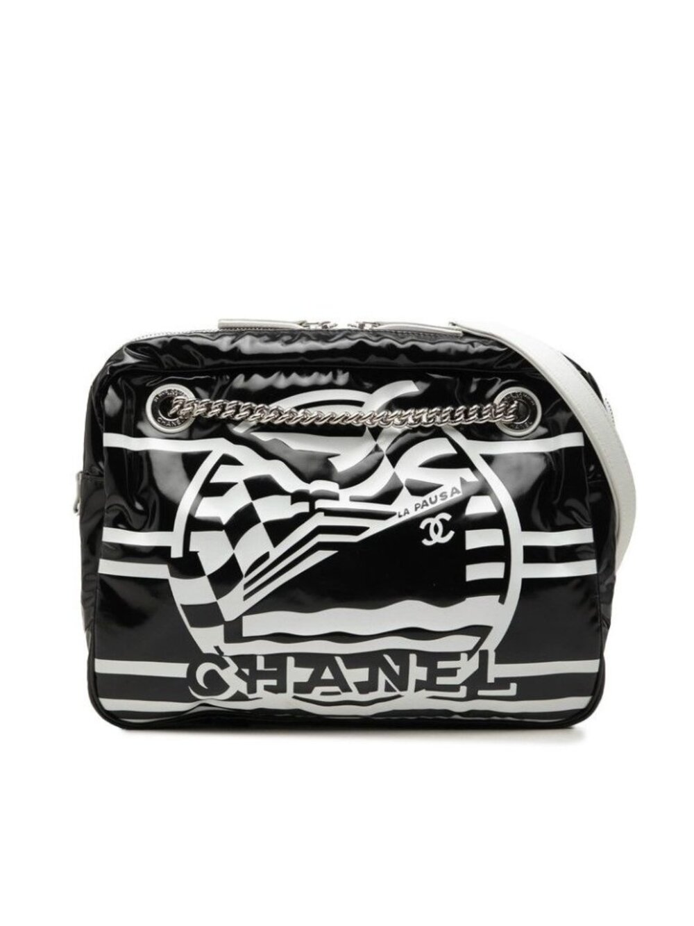 Chanel la Pausa Chain Shoulder Bag Logo Black White Leather